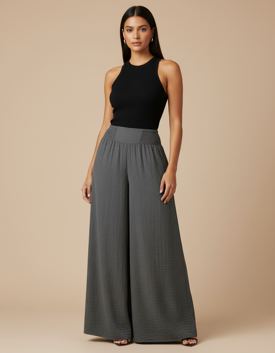 Pantalon Fluide Gris Ample Confortable Taille Haute - Viscose