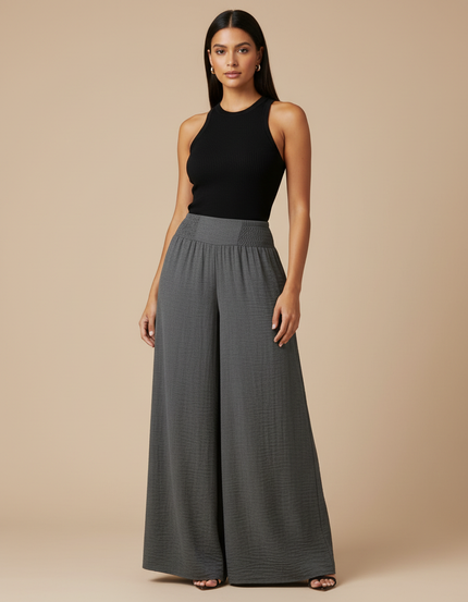 Pantalon Fluide Gris Ample Confortable Taille Haute - Viscose