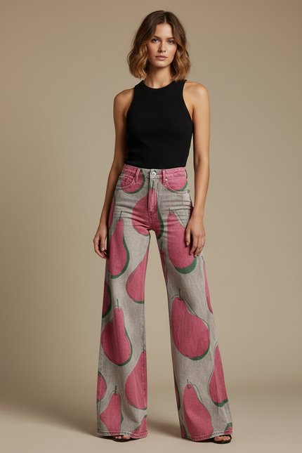 Pantalon Fluide Imprimé Poires Taille Haute Large - Jean