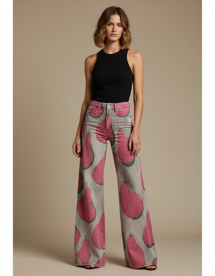 Pantalon Fluide Imprimé Poires Taille Haute Large - Jean