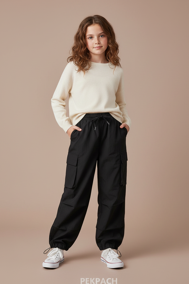 Pantalon Fluide Noir Ample Cargo Enfant Décontracté - Polyester