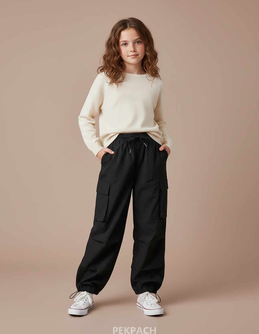 Pantalon Fluide Noir Ample Cargo Enfant Décontracté - Polyester