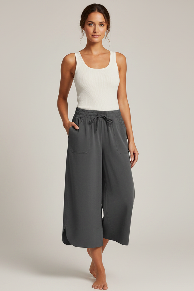 Pantalon Fluide Gris Ample Cordon Décontracté Mi-long - Viscose