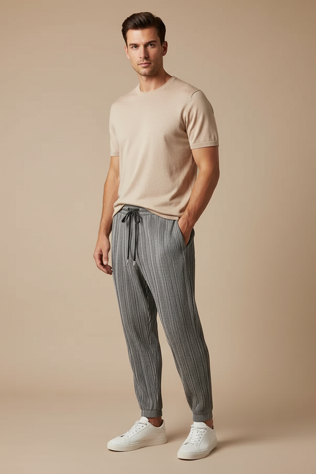 Pantalon Fluide Plissé Gris Décontracté Homme Cordon - Polyester