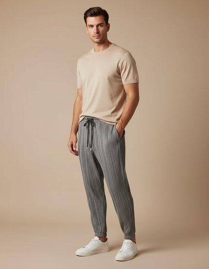Pantalon Fluide Plissé Gris Décontracté Homme Cordon - Polyester