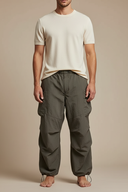 Pantalon Fluide Elastique En Bas - Kaki Polyester