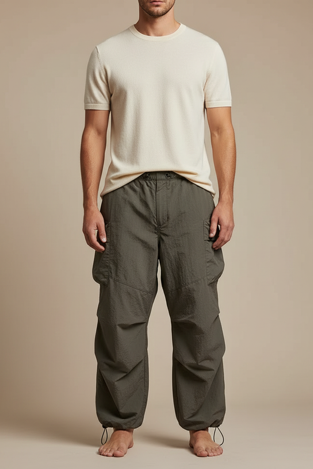 Pantalon Fluide Elastique En Bas - Kaki Polyester