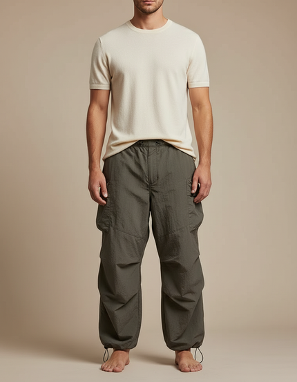 Pantalon Fluide Elastique En Bas - Kaki Polyester