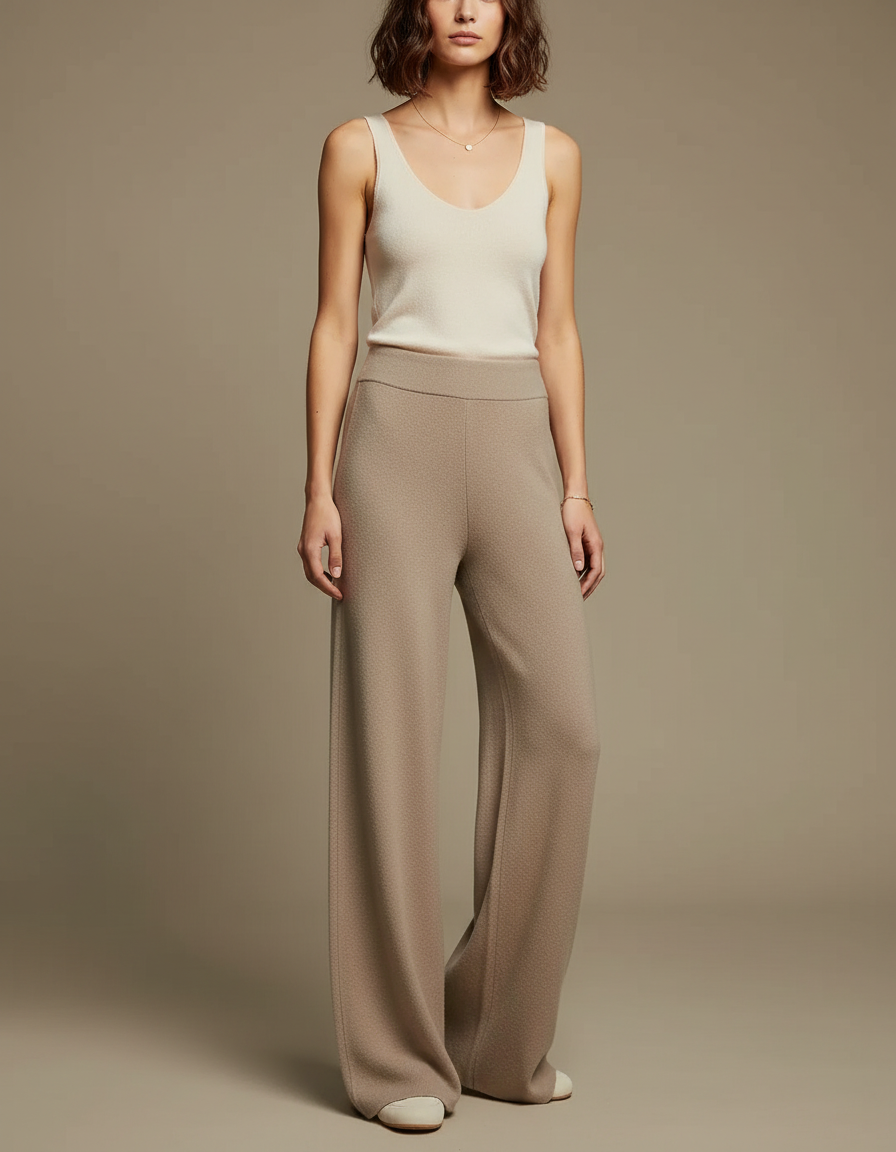 Pantalon Fluide Beige Maille Ample Taille Haute