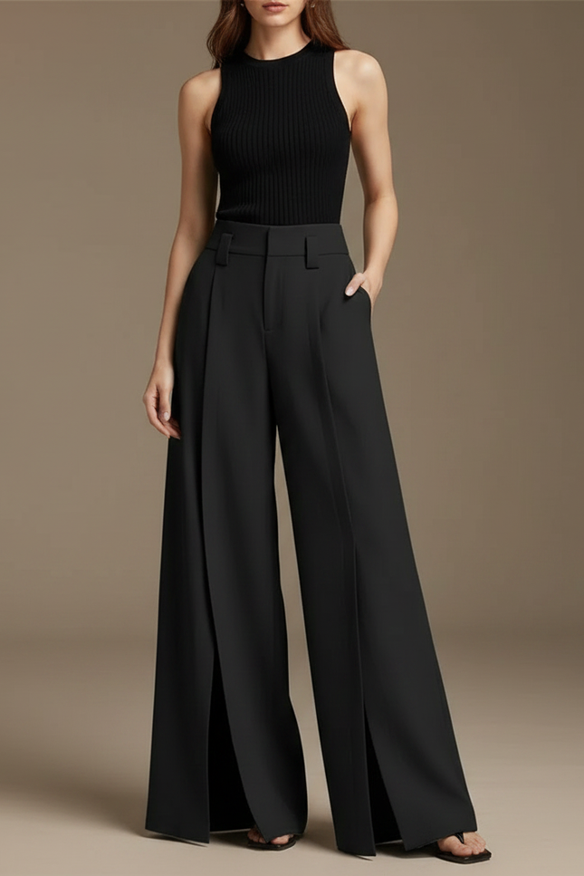 Pantalon Fluide Fendu - Noir Polyester