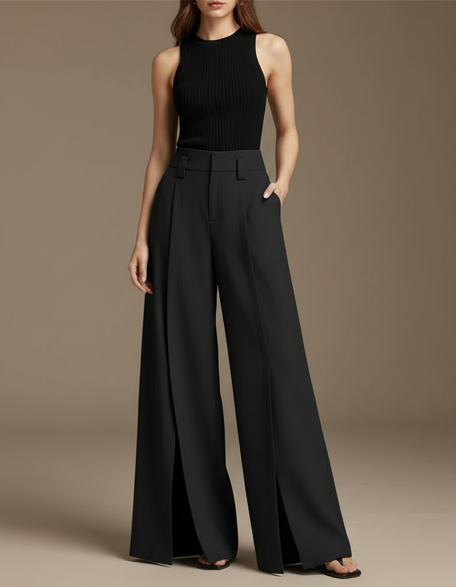 Pantalon Fluide Fendu - Noir Polyester