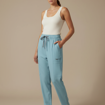 Pantalon Fluide Bleu Ciel Cargo Zippé Femme - Polyester