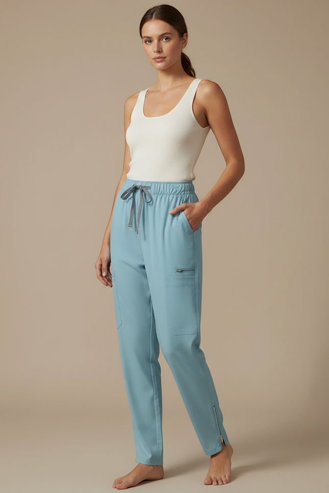 Pantalon Fluide Bleu Ciel Cargo Zippé Femme - Polyester