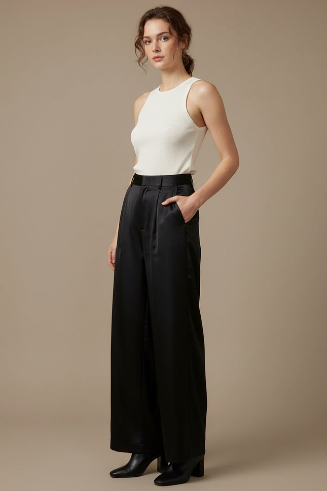 Pantalon Fluide Noir Satiné Ample Élégant Femme