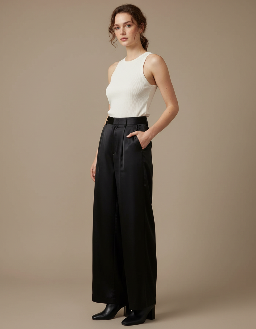 Pantalon Fluide Noir Satiné Ample Élégant Femme