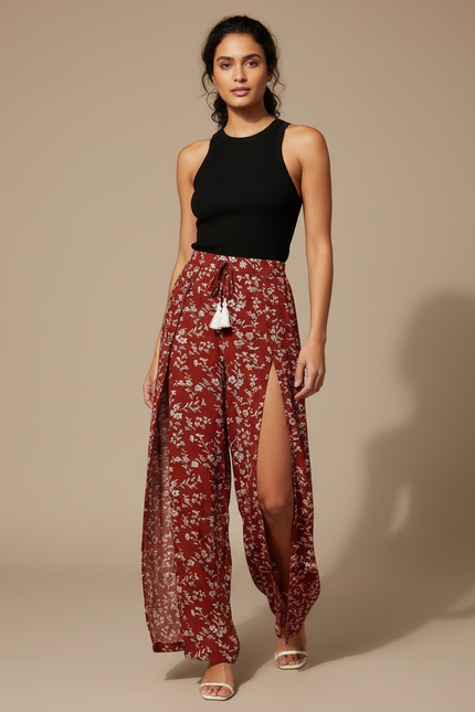 Pantalon Fluide Rouge Floral Fendu Bohème Tassels - Viscose