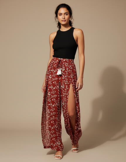 Pantalon Fluide Rouge Floral Fendu Bohème Tassels - Viscose