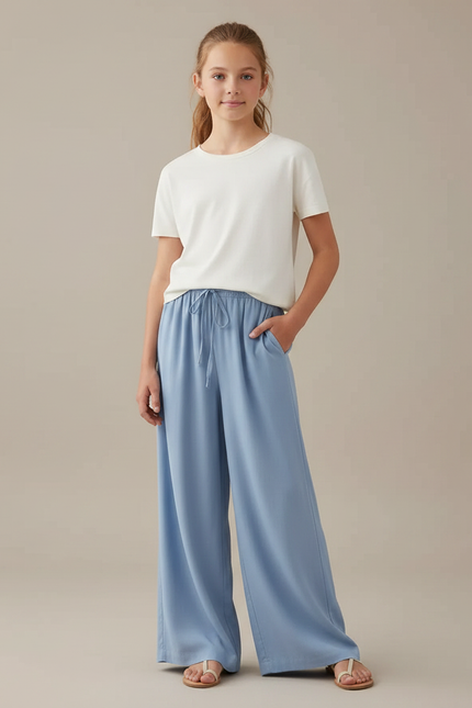 Pantalon Fluide Bleu Ciel Large Ample Décontracté Cordon - Viscose
