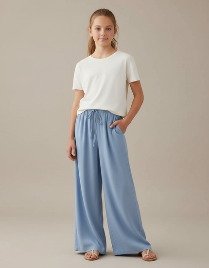 Pantalon Fluide Bleu Ciel Large Ample Décontracté Cordon - Viscose