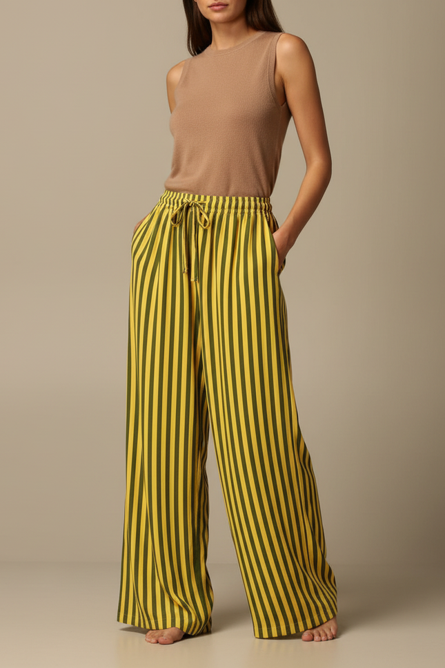 Pantalon Fluide Rayé Vert Jaune Ample Cordon Décontracté - Multicolore Viscose