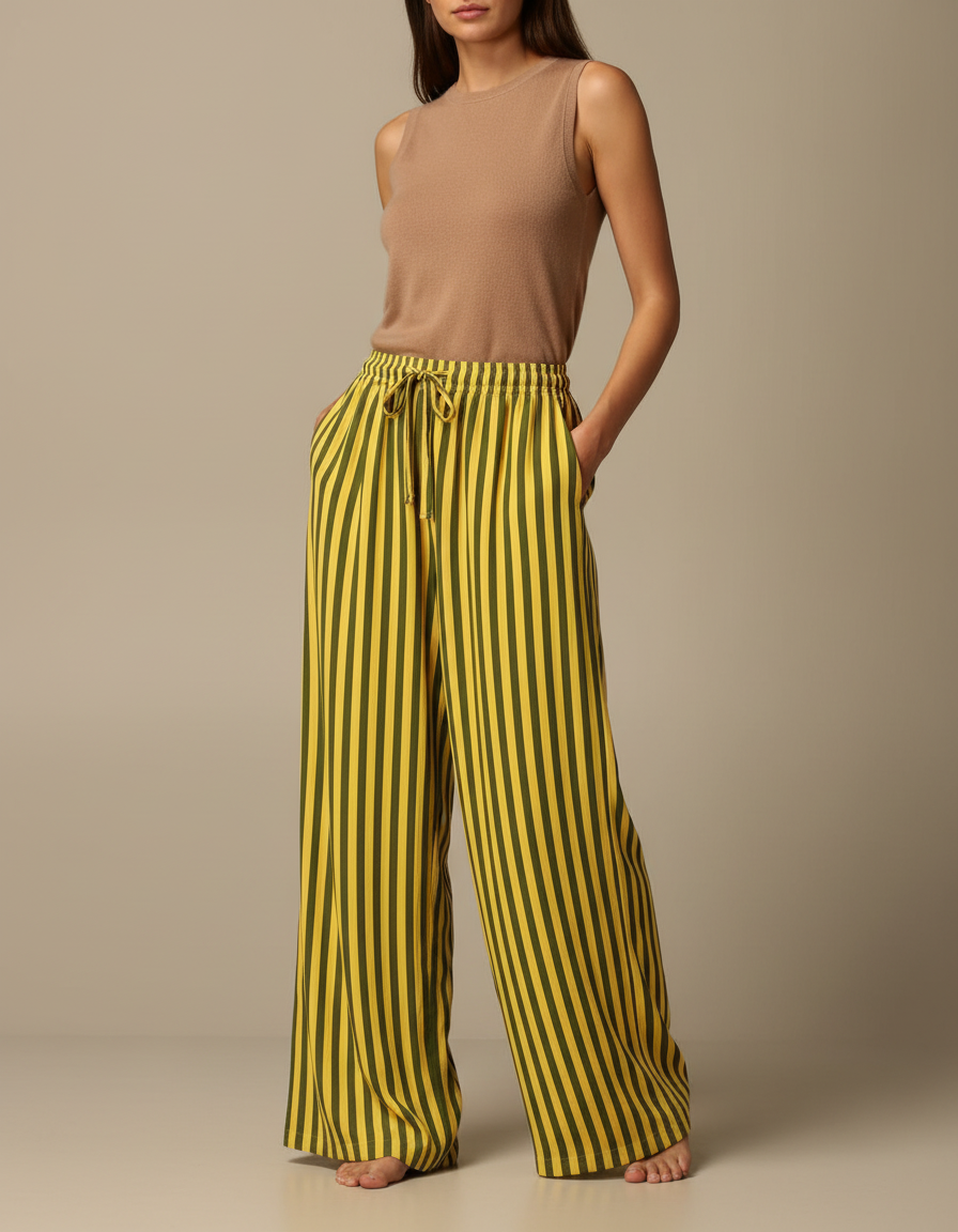 Pantalon Fluide Rayé Vert Jaune Ample Cordon Décontracté - Multicolore Viscose