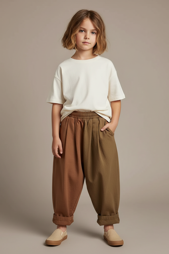 Pantalon Fluide Bicolore Ample Coton Casual Enfant - Multicolore