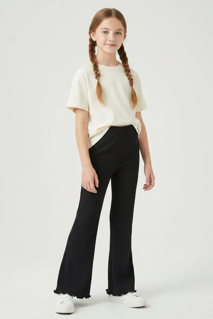 Pantalon Fluide Noir Côtelé Évasé Confortable Fille - Maille