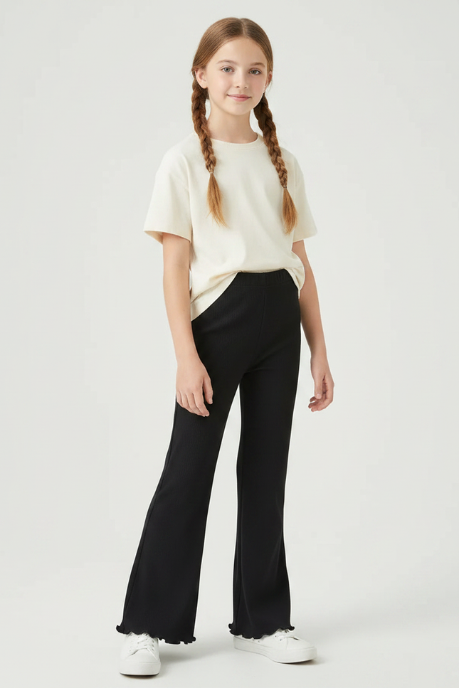 Pantalon Fluide Noir Côtelé Évasé Confortable Fille - Maille