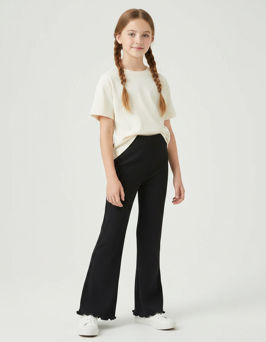 Pantalon Fluide Noir Côtelé Évasé Confortable Fille - Maille