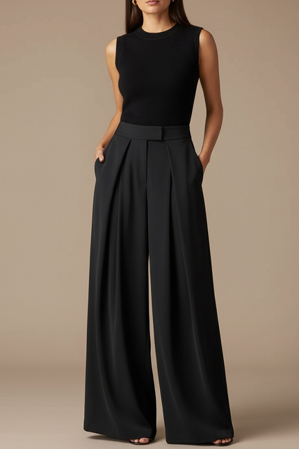 Pantalon Fluide Plissé Femme - Noir Polyester