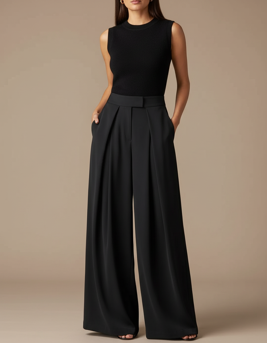 Pantalon Fluide Plissé Femme - Noir Polyester