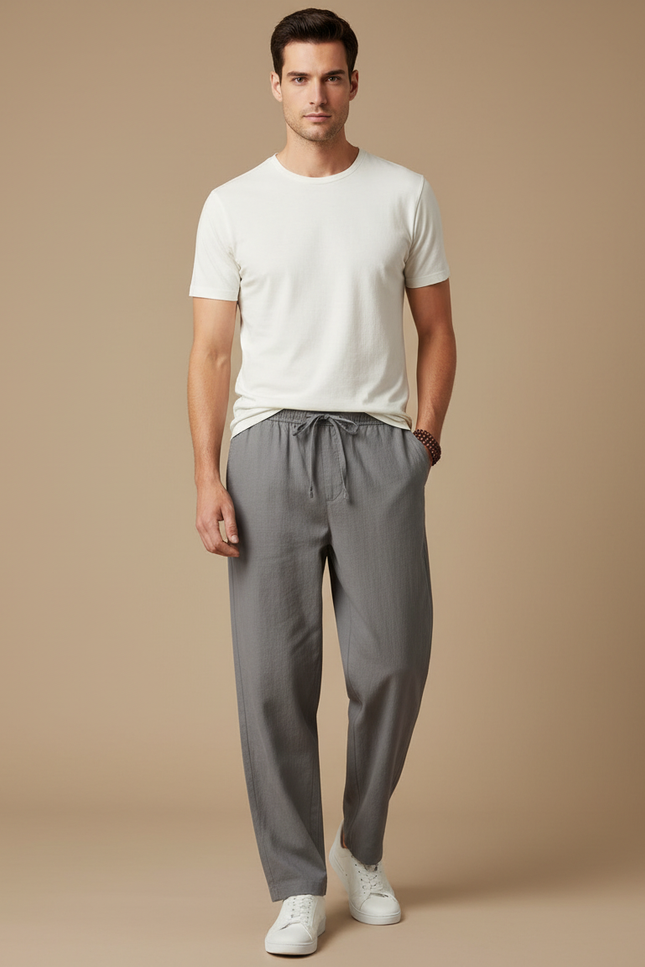 Pantalon Fluide Gris Coton Lin Ample Décontracté Homme