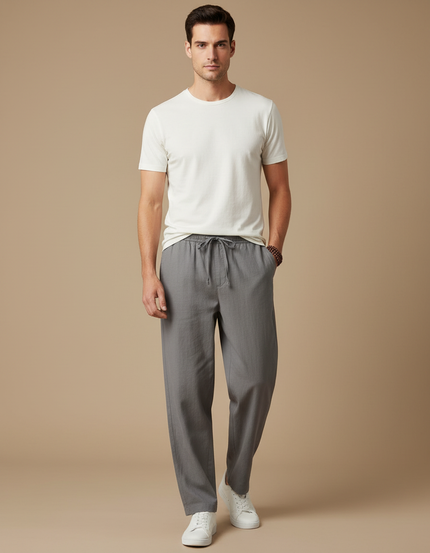 Pantalon Fluide Gris Coton Lin Ample Décontracté Homme