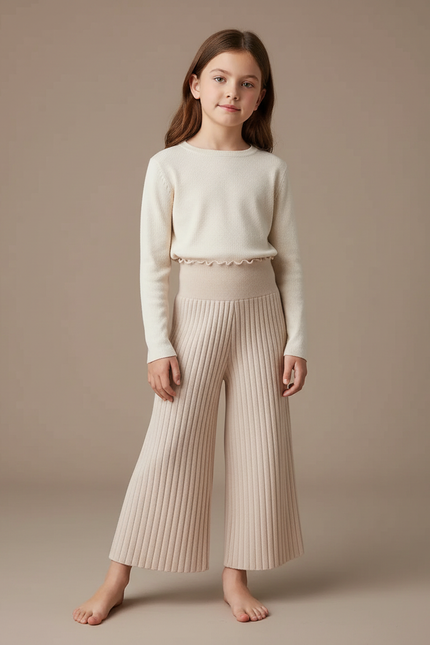 Pantalon Fluide Beige Côtelé Tricoté Enfant Ample - Maille
