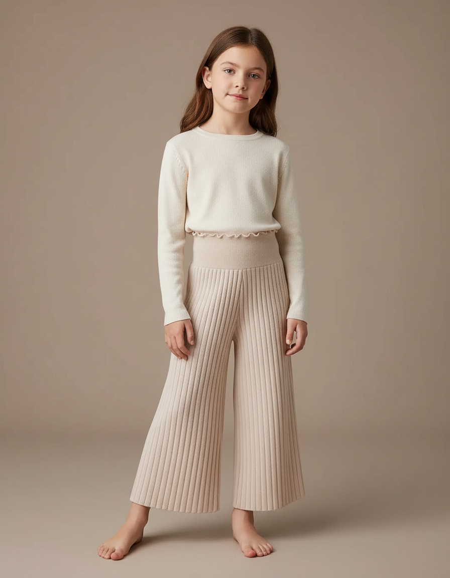 Pantalon Fluide Beige Côtelé Tricoté Enfant Ample - Maille