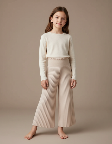 Pantalon Fluide Beige Côtelé Tricoté Enfant Ample - Maille