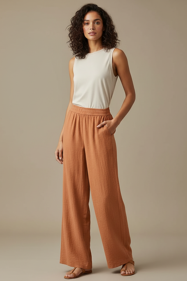Pantalon Fluide Orange Ample Léger Femme - Lin