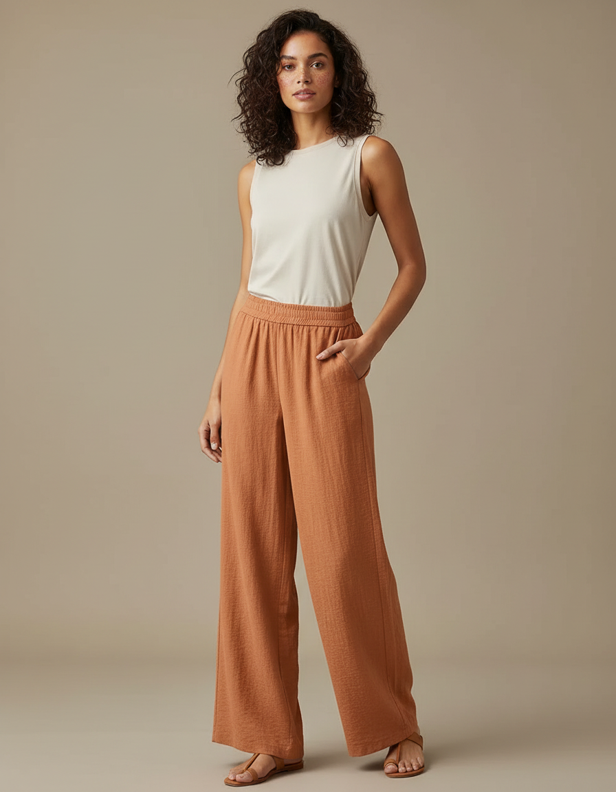Pantalon Fluide Orange Ample Léger Femme - Lin