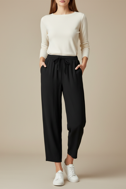 Pantalon Fluide Noir Ample Taille Élastique Décontracté Doux - Viscose