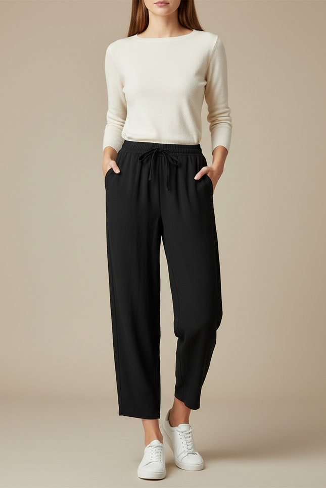 Pantalon Fluide Noir Ample Taille Élastique Décontracté Doux - Viscose