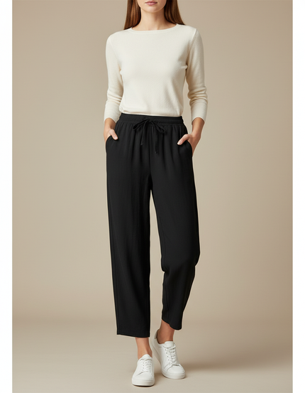 Pantalon Fluide Noir Ample Taille Élastique Décontracté Doux - Viscose