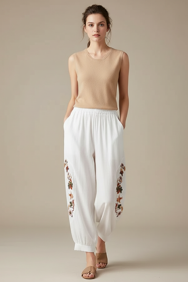 Pantalon Fluide Blanc Brodé Ample Taille Élastique Confortable - Lin