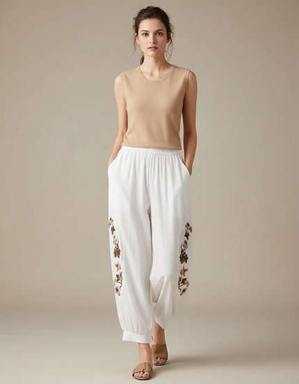 Pantalon Fluide Blanc Brodé Ample Taille Élastique Confortable - Lin