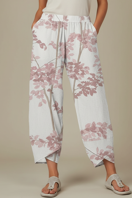 Pantalon Fluide Écru Ample Imprimé Floral Rose - Beige Lin