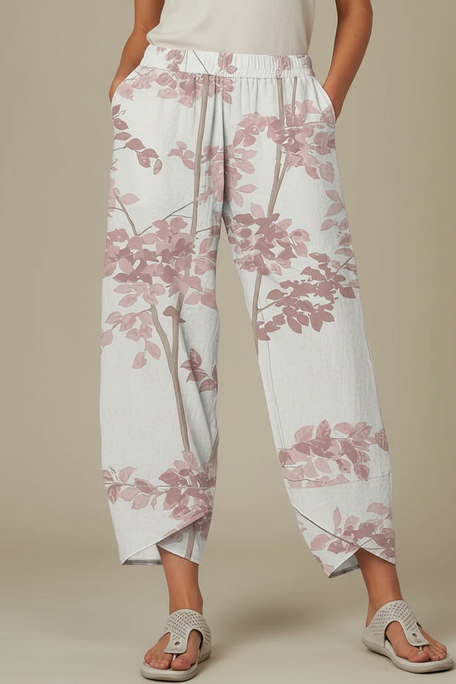 Pantalon Fluide Écru Ample Imprimé Floral Rose - Beige Lin