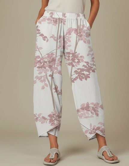 Pantalon Fluide Écru Ample Imprimé Floral Rose - Beige Lin