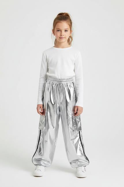 Pantalon Fluide Argenté Métallique Cargo Enfants Brillant - Polyester