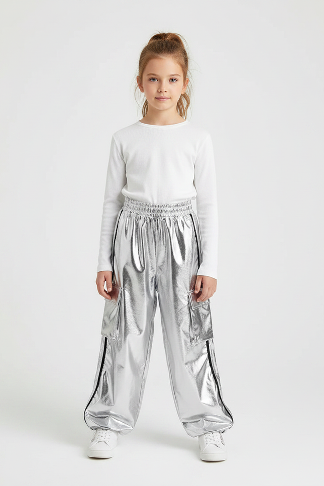 Pantalon Fluide Argenté Métallique Cargo Enfants Brillant - Polyester