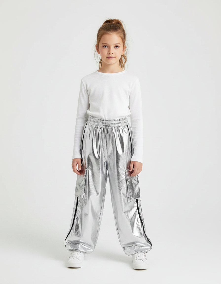 Pantalon Fluide Argenté Métallique Cargo Enfants Brillant - Polyester