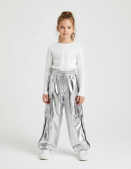 Pantalon Fluide Argenté Métallique Cargo Enfants Brillant - Polyester